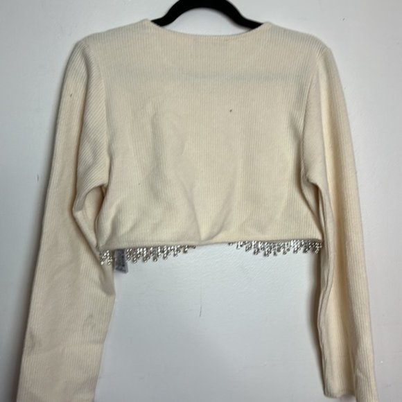 Zara Soft Ribbed Fuzzy Cropped Sweatshirt Top with Hanging Rhinestone Detail - Picture 15 of 15